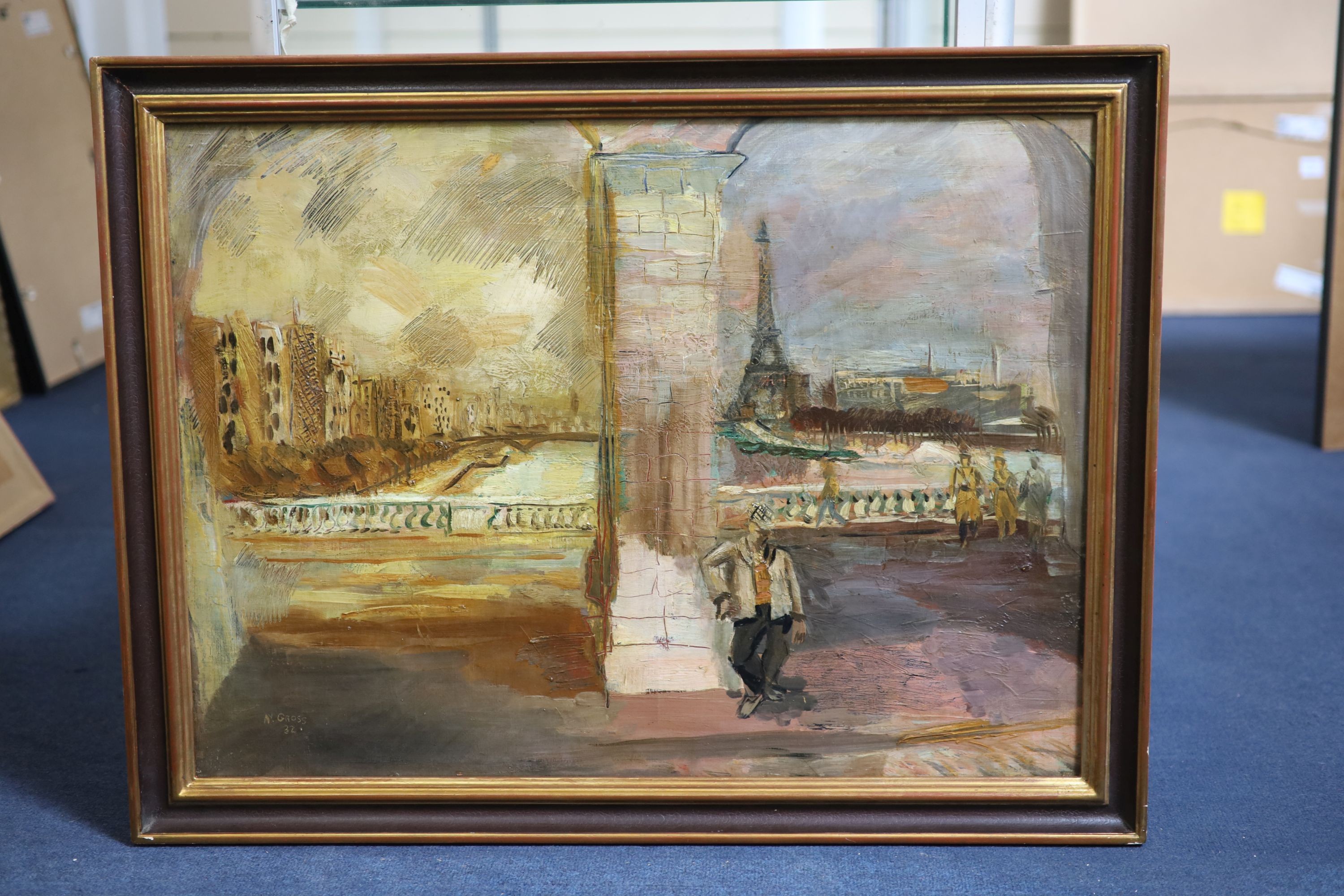 Anthony Gross (1905-1984), View of Paris with the Eiffel Tower, Oil on canvas, 53 x 72cm.